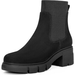 Redtop Women Black Faux Suede Elastic Chunky Block Heel Platform Chelsea Boot